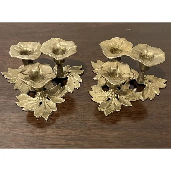 PAIR Brass Flower Candelabra Hollywood Regency Floral Candle Holders Mid Century